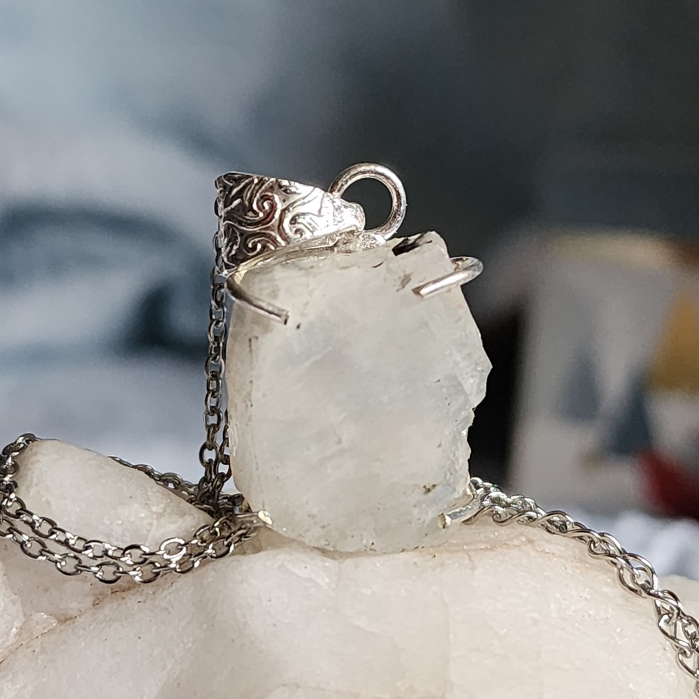 Genuine Raw Moonstone Stone Necklace Rhodium/925 Silver Pendant Boho
